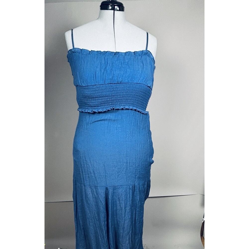Blue Smocked Midi Dress Women Medium Boho Cottagecore Sundress Fairycore - Picture 9 of 15